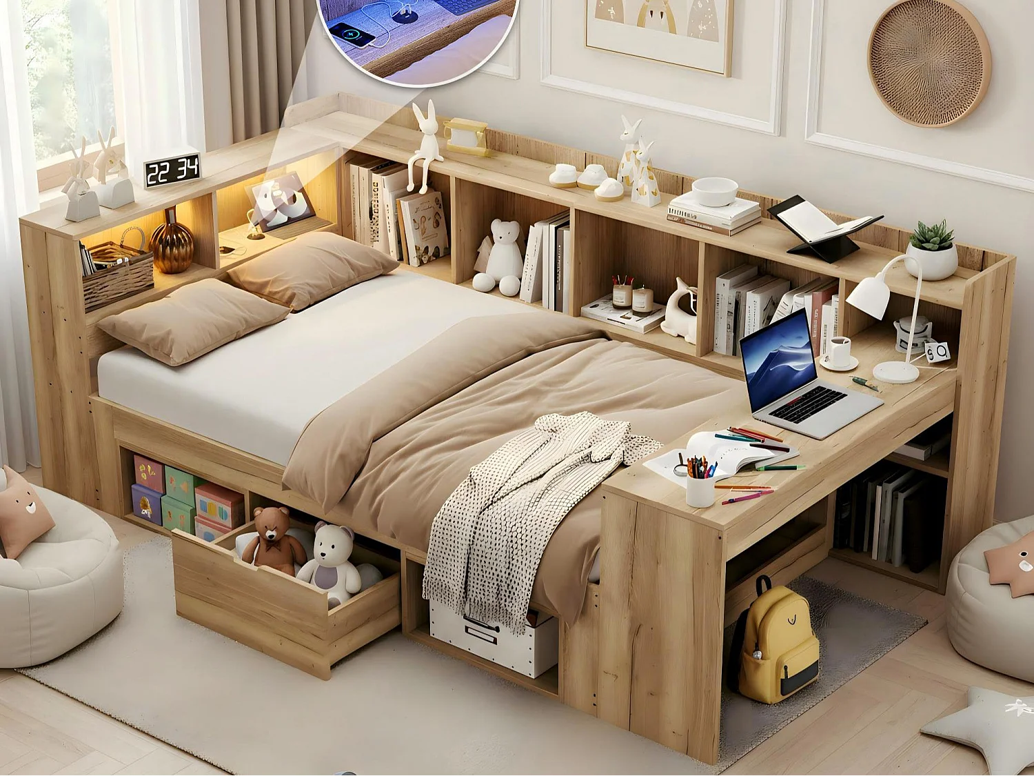 Canapé-lit 90x200cm - avec LED et port USB - Avec bureau, 1 tiroir et des étagères - MDF - Naturel