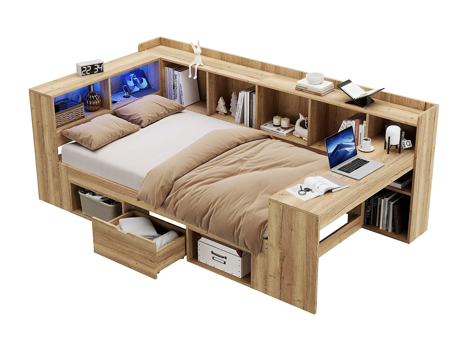 Canapé-lit 90x200cm - avec LED et port USB - Avec bureau, 1 tiroir et des étagères - MDF - Naturel