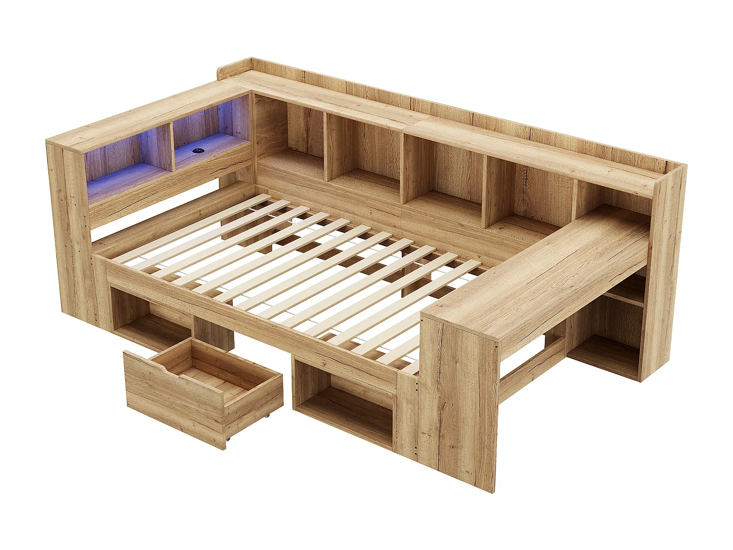 Canapé-lit 90x200cm - avec LED et port USB - Avec bureau, 1 tiroir et des étagères - MDF - Naturel