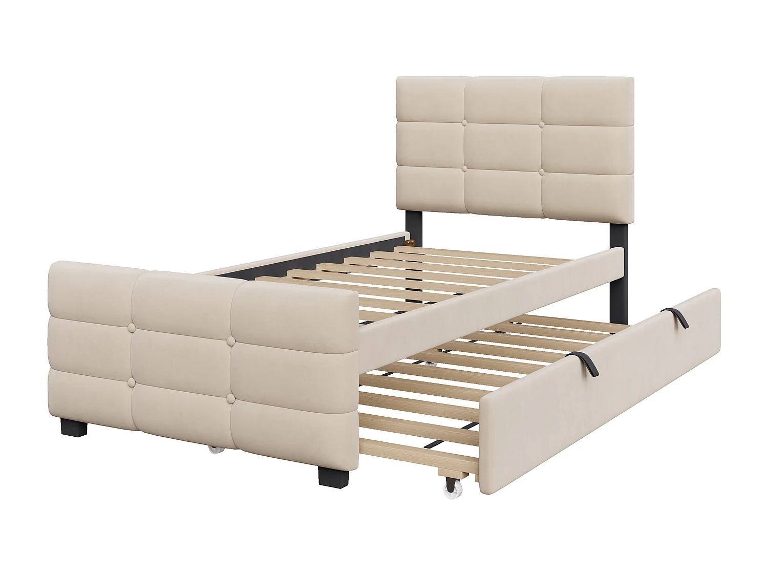 Letto imbottito 90 x 190 cm - con letto estraibile - tessuto velluto - beige​ (materasso non incluso)