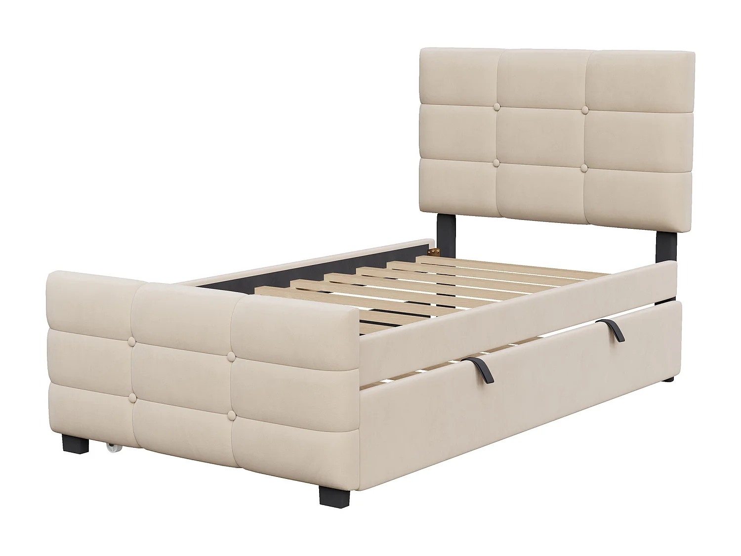 Letto imbottito 90 x 190 cm - con letto estraibile - tessuto velluto - beige​ (materasso non incluso)