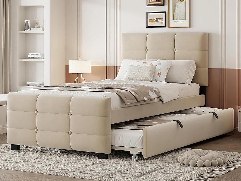 Lit capitonné 90 x 190 cm - avec lit gigogne - tissu velours - beige (matelas non inclus)