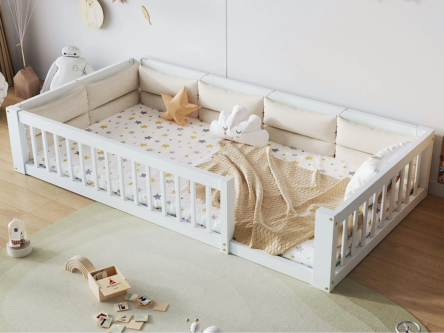 Kinder eenpersoonsbed 90x200 cm - met zijbescherming en hoofdkussens - Lattenbodem - MDF - Wit​ (zonder matras)