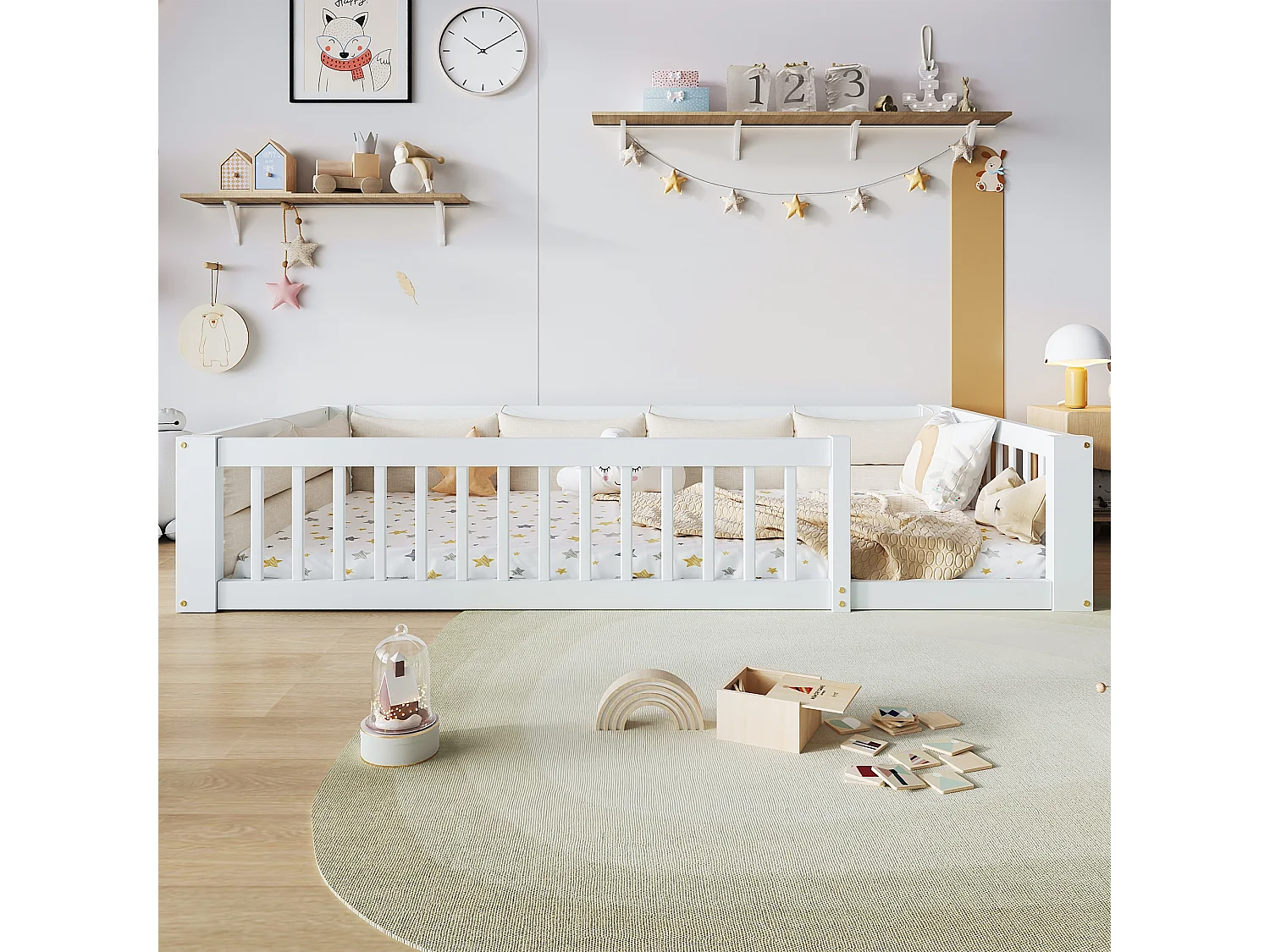 Kinder eenpersoonsbed 90x200 cm - met zijbescherming en hoofdkussens - Lattenbodem - MDF - Wit​ (zonder matras)