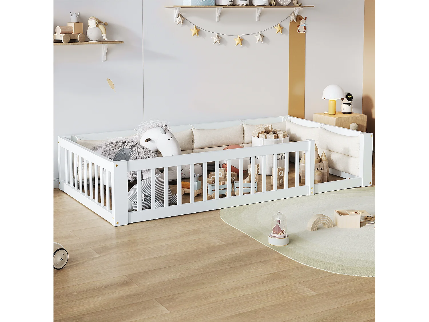 Kinder eenpersoonsbed 90x200 cm - met zijbescherming en hoofdkussens - Lattenbodem - MDF - Wit​ (zonder matras)