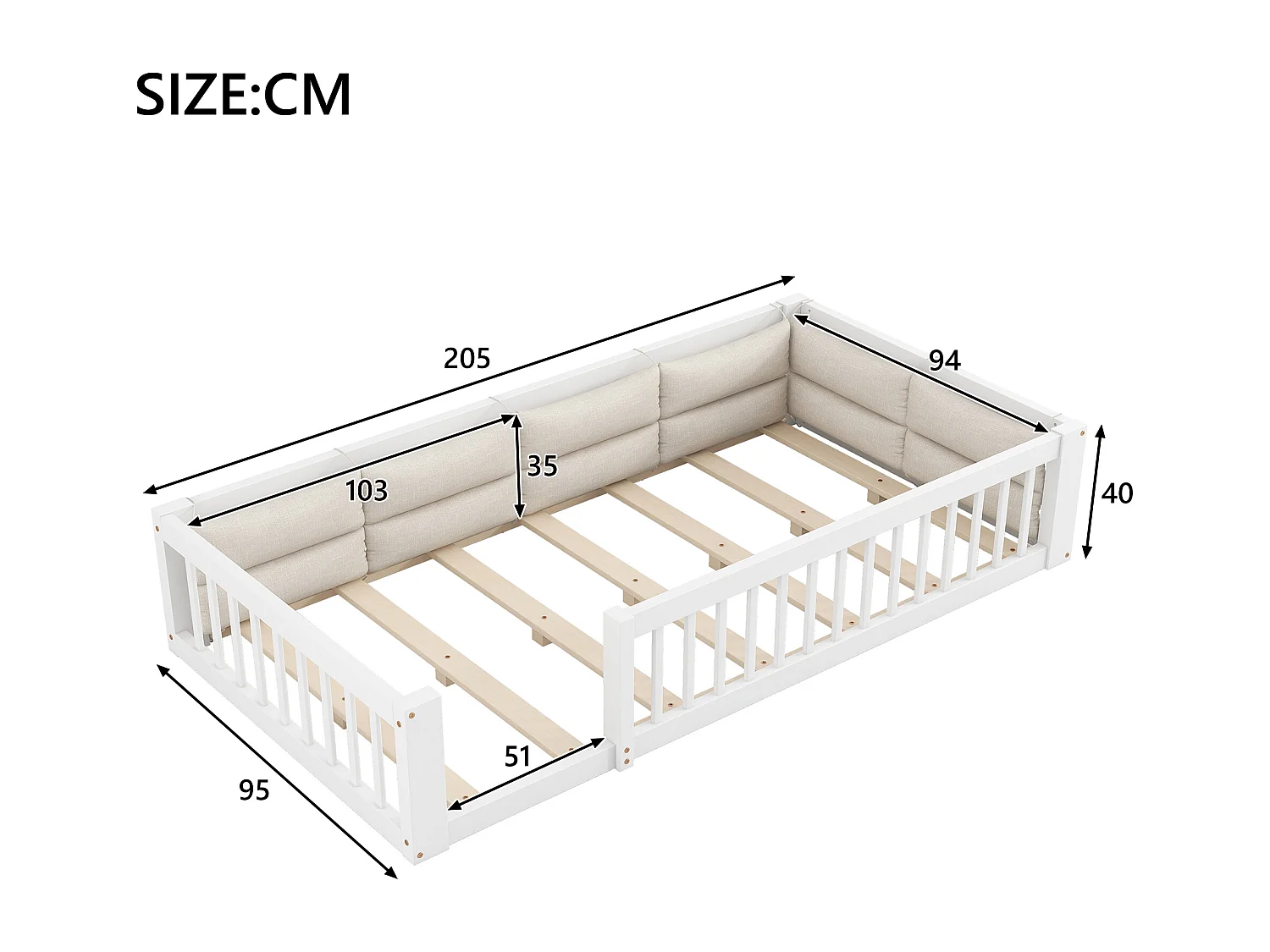 Kinder eenpersoonsbed 90x200 cm - met zijbescherming en hoofdkussens - Lattenbodem - MDF - Wit​ (zonder matras)