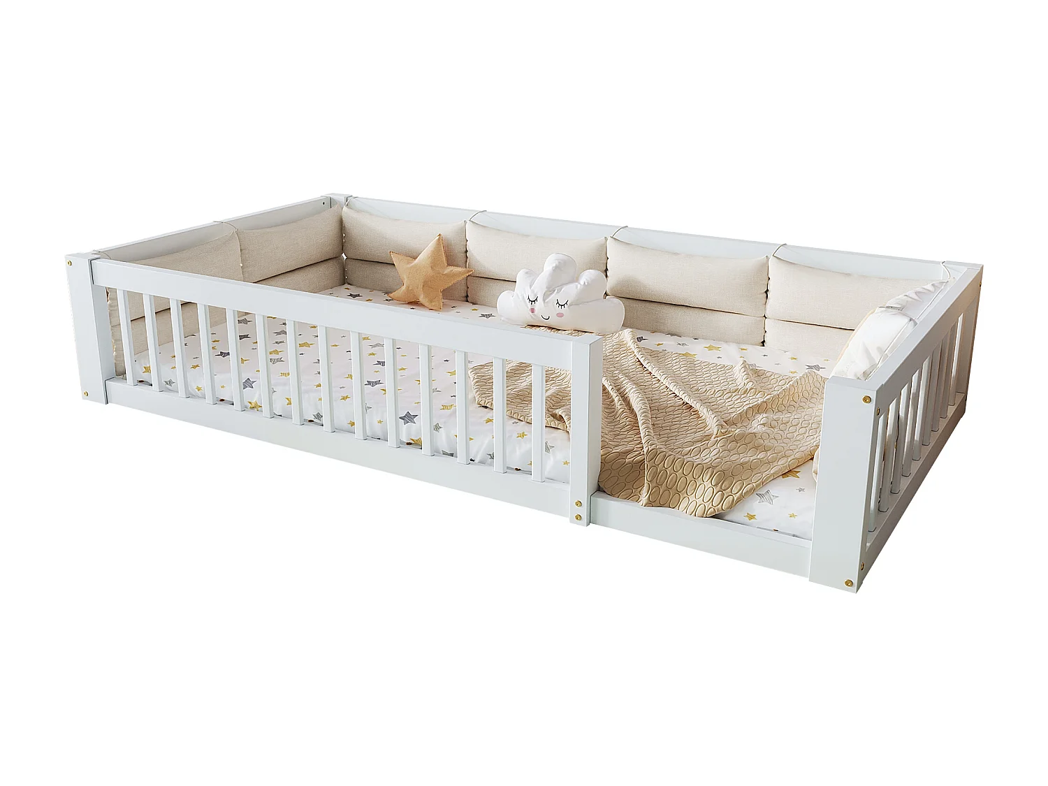 Kinder eenpersoonsbed 90x200 cm - met zijbescherming en hoofdkussens - Lattenbodem - MDF - Wit​ (zonder matras)