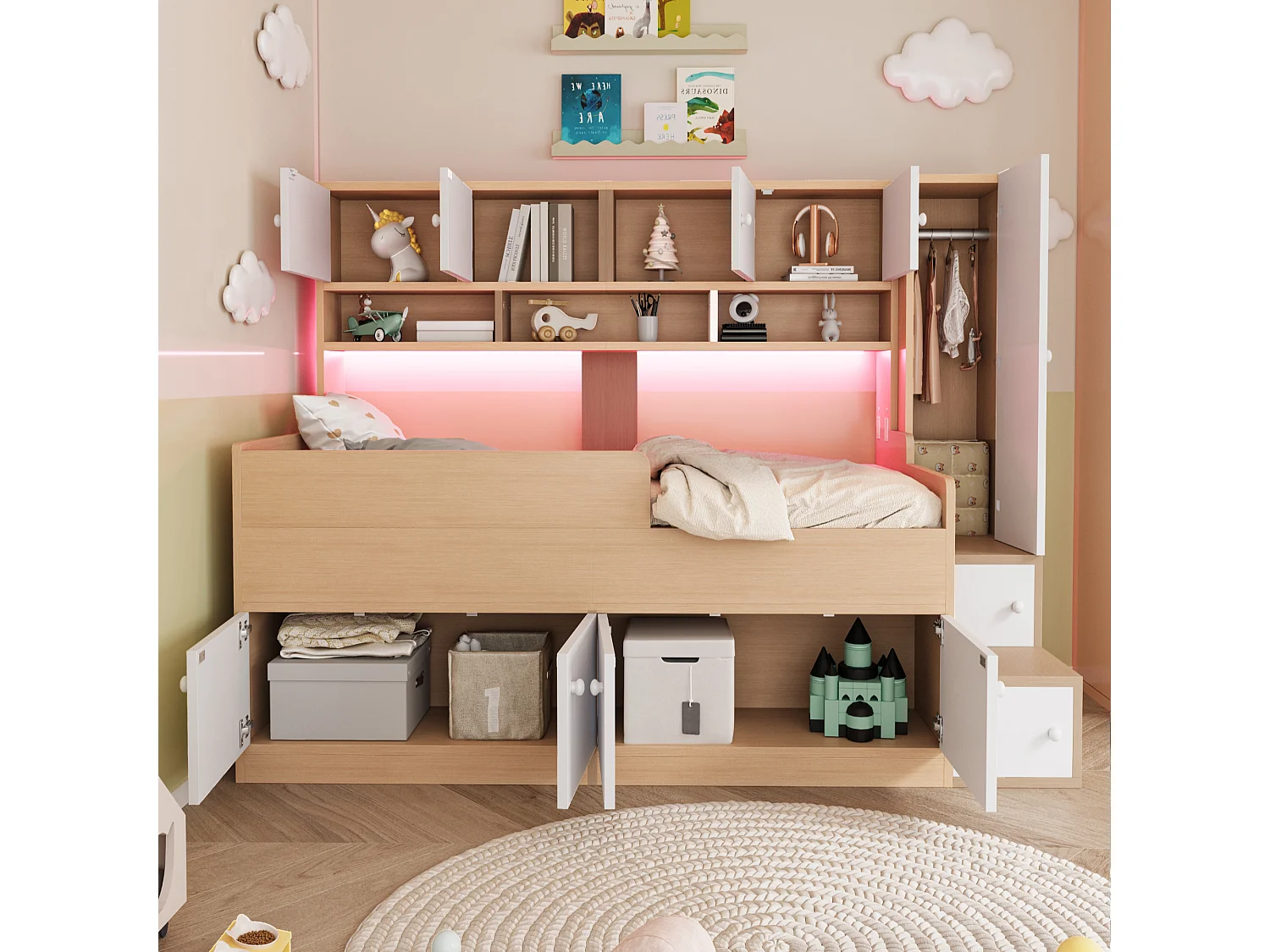 Kinderbed 90x200cm - met opbergruimte - met planken - met kast - met LED-verlichting - natuur​ (matras niet inbegrepen)