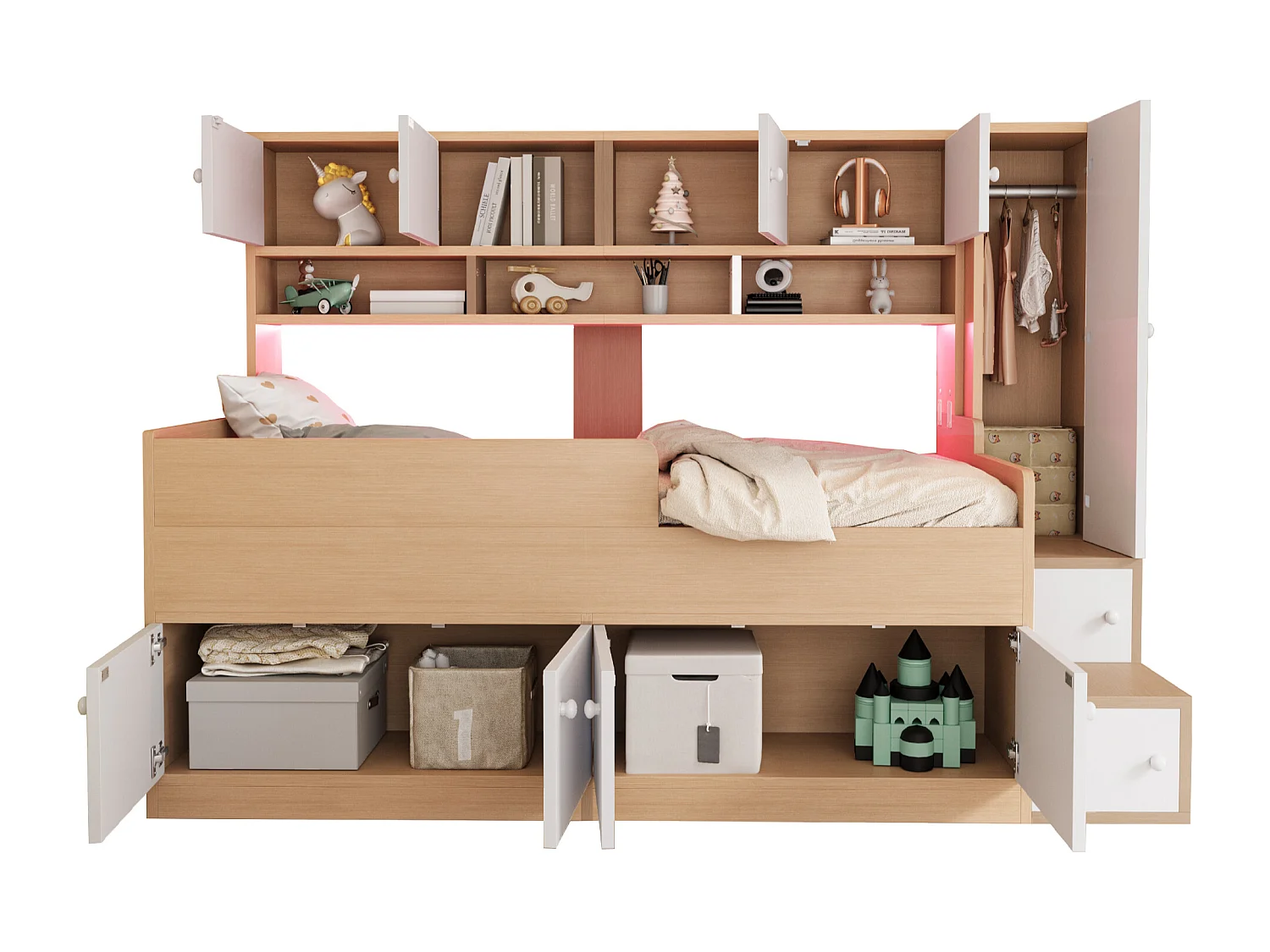 Kinderbed 90x200cm - met opbergruimte - met planken - met kast - met LED-verlichting - natuur​ (matras niet inbegrepen)