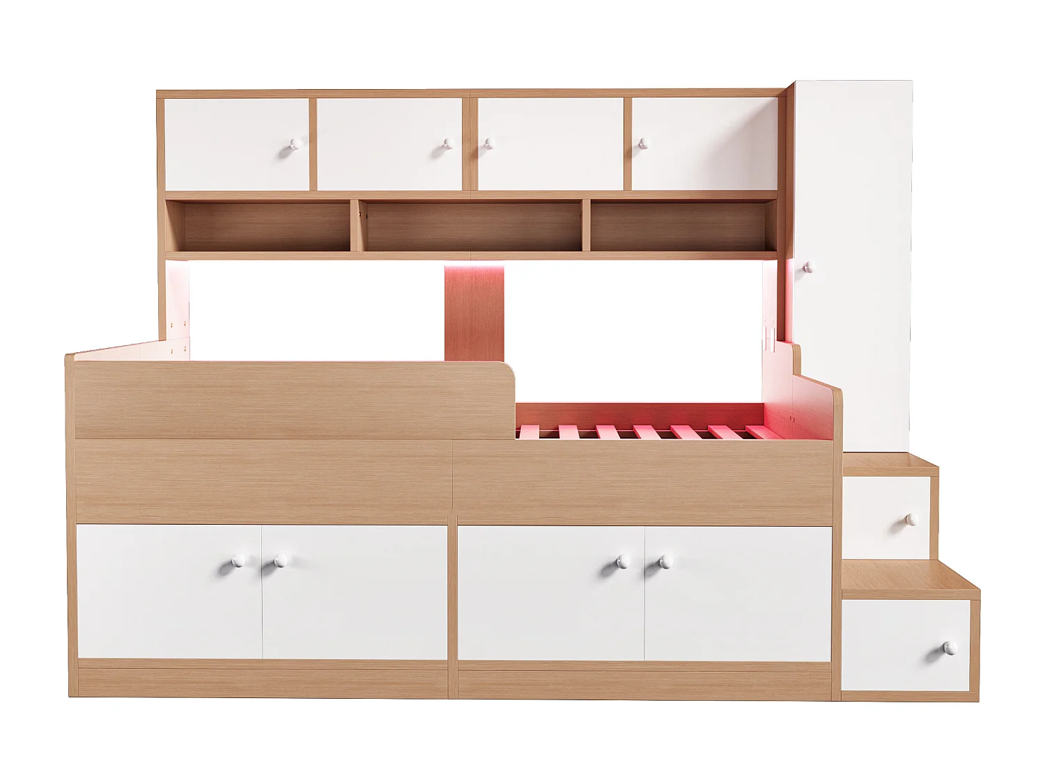 Kinderbed 90x200cm - met opbergruimte - met planken - met kast - met LED-verlichting - natuur​ (matras niet inbegrepen)