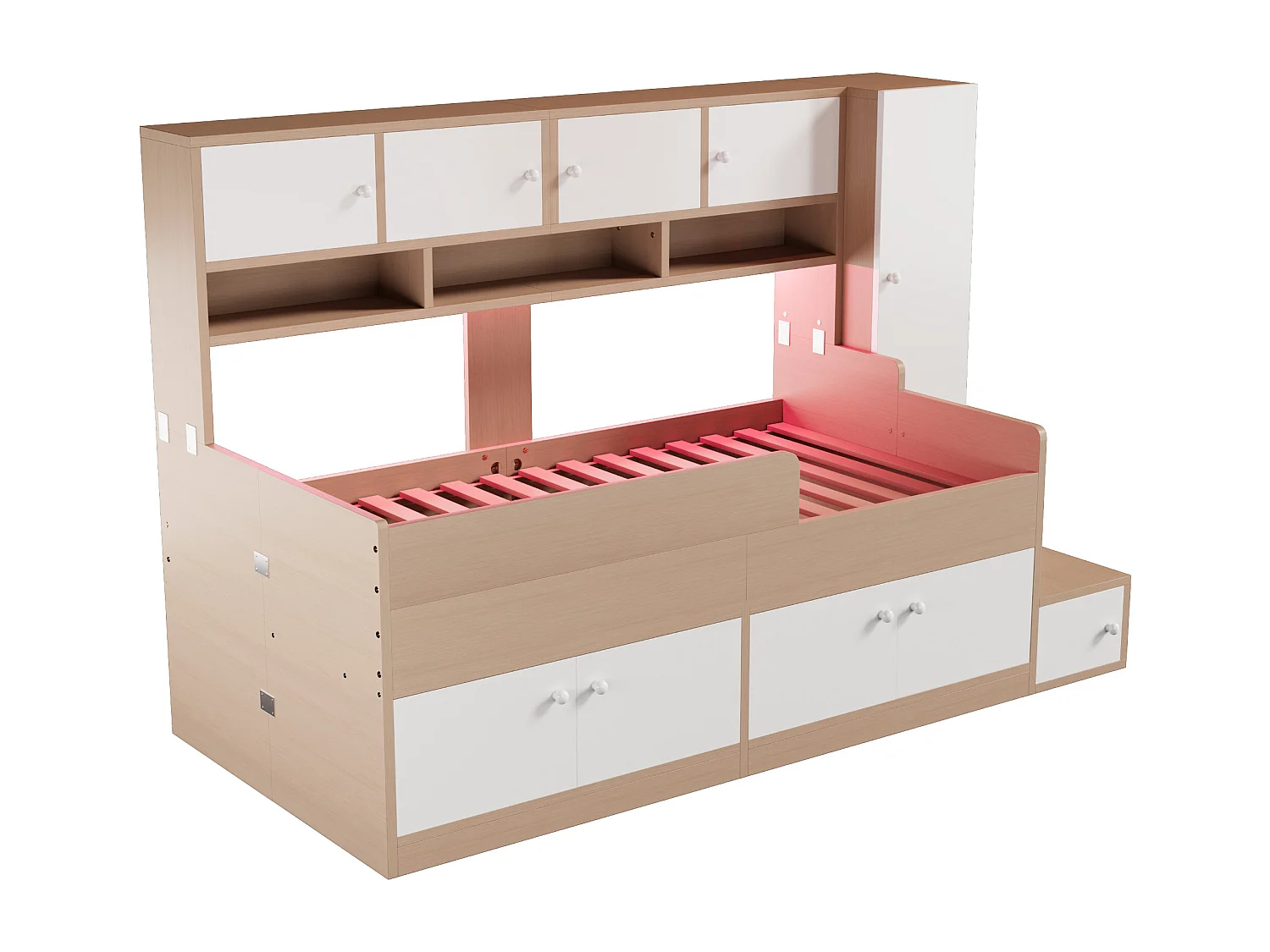 Kinderbed 90x200cm - met opbergruimte - met planken - met kast - met LED-verlichting - natuur​ (matras niet inbegrepen)