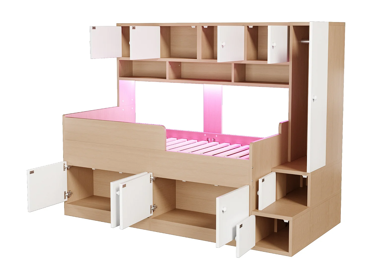 Kinderbed 90x200cm - met opbergruimte - met planken - met kast - met LED-verlichting - natuur​ (matras niet inbegrepen)