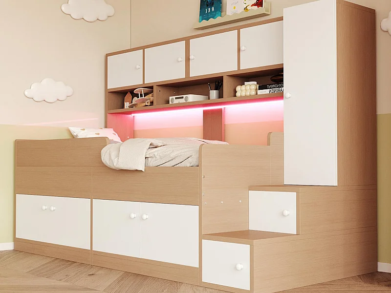 Kinderbed 90x200cm - met opbergruimte - met planken - met kast - met LED-verlichting - natuur​ (matras niet inbegrepen)