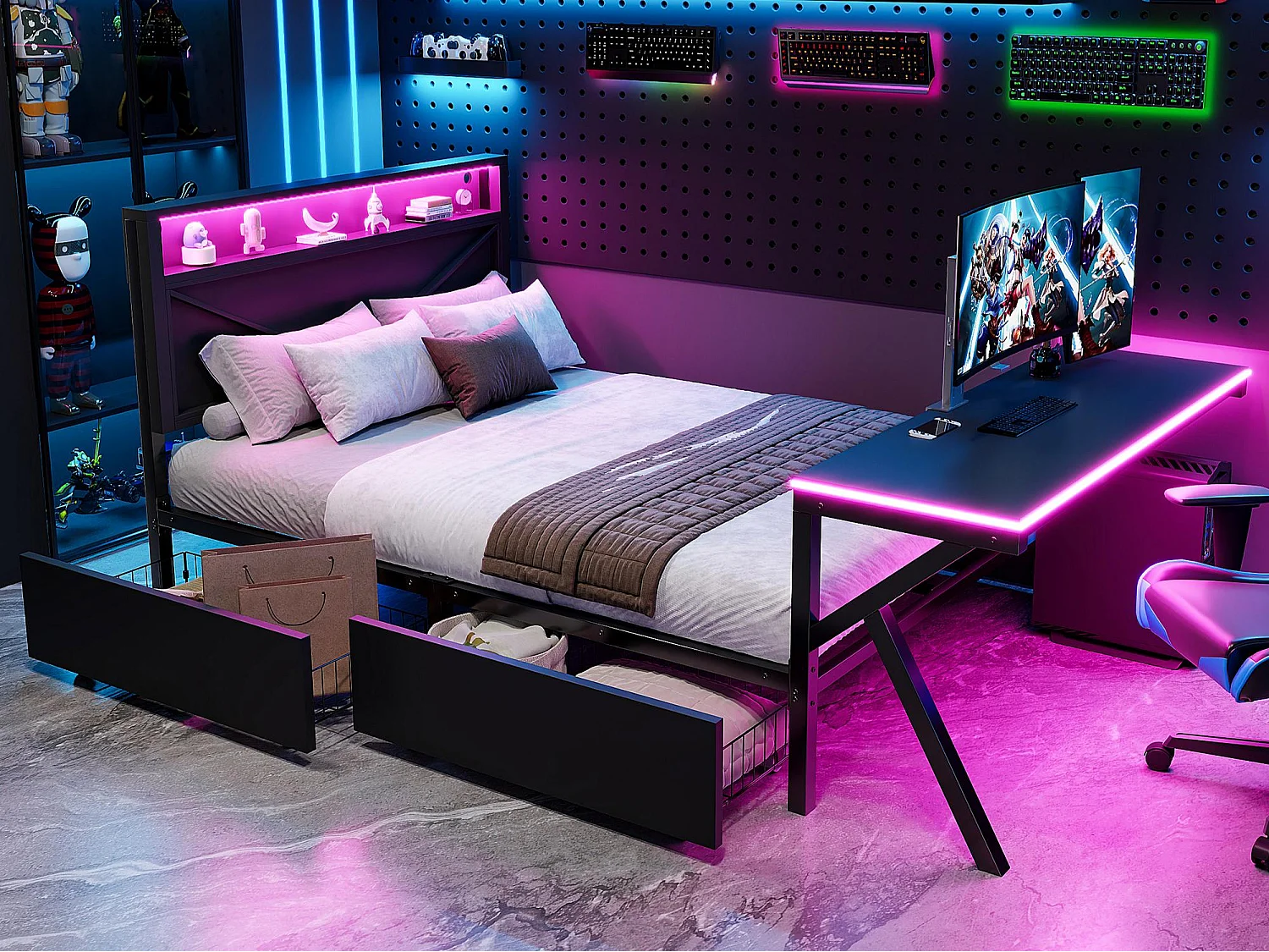 Metall-Doppelbett 140x200cm - mit LED-Kopfteil - 2 Schubladen und Schreibtisch mit LED-Beleuchtung - Schwarz​ (Matratze nicht inbegriffen)