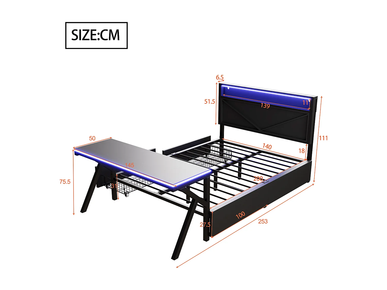 Metall-Doppelbett 140x200cm - mit LED-Kopfteil - 2 Schubladen und Schreibtisch mit LED-Beleuchtung - Schwarz​ (Matratze nicht inbegriffen)
