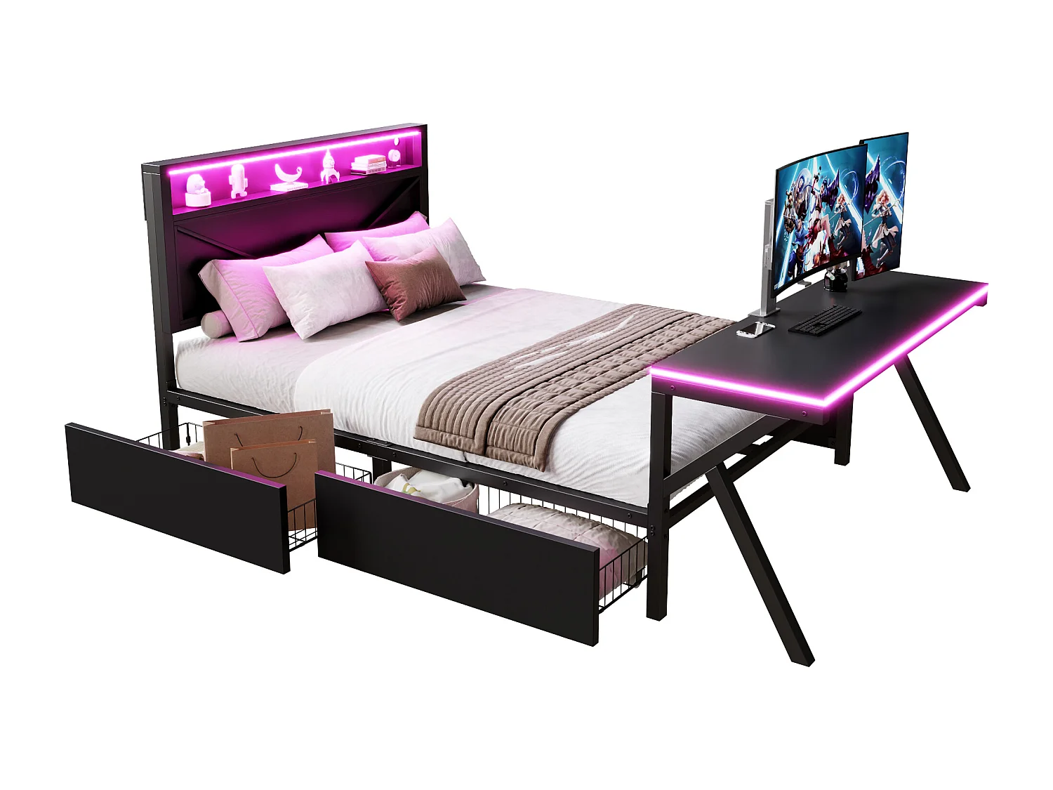 Metall-Doppelbett 140x200cm - mit LED-Kopfteil - 2 Schubladen und Schreibtisch mit LED-Beleuchtung - Schwarz​ (Matratze nicht inbegriffen)