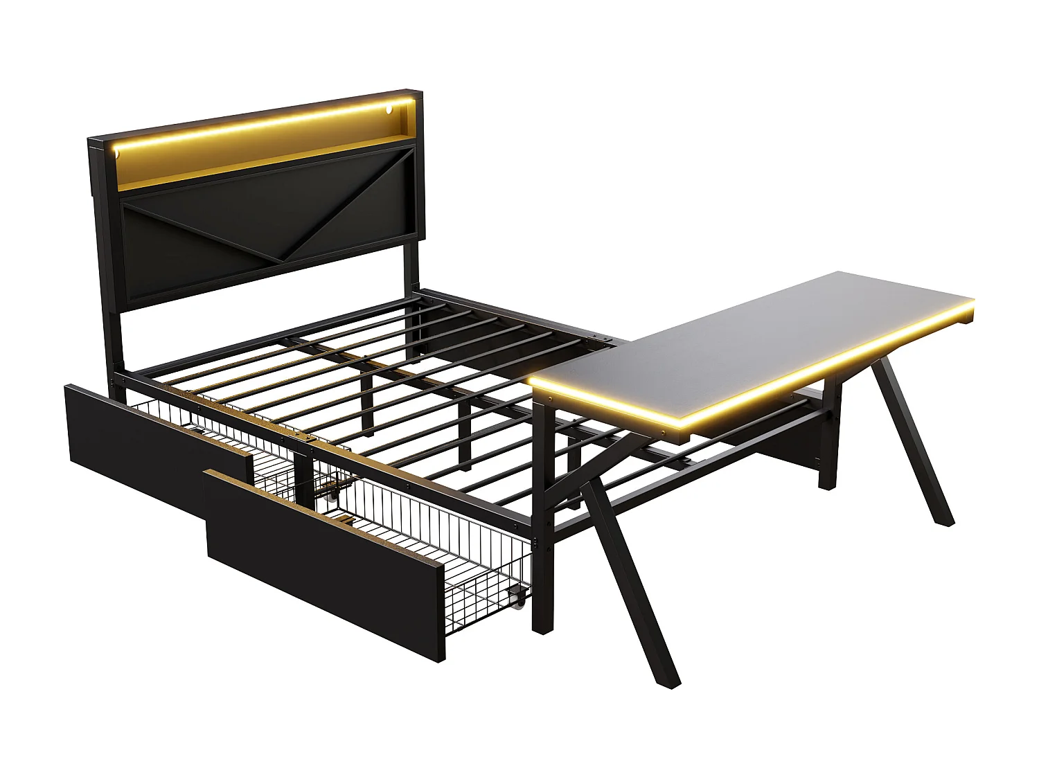 Metall-Doppelbett 140x200cm - mit LED-Kopfteil - 2 Schubladen und Schreibtisch mit LED-Beleuchtung - Schwarz​ (Matratze nicht inbegriffen)