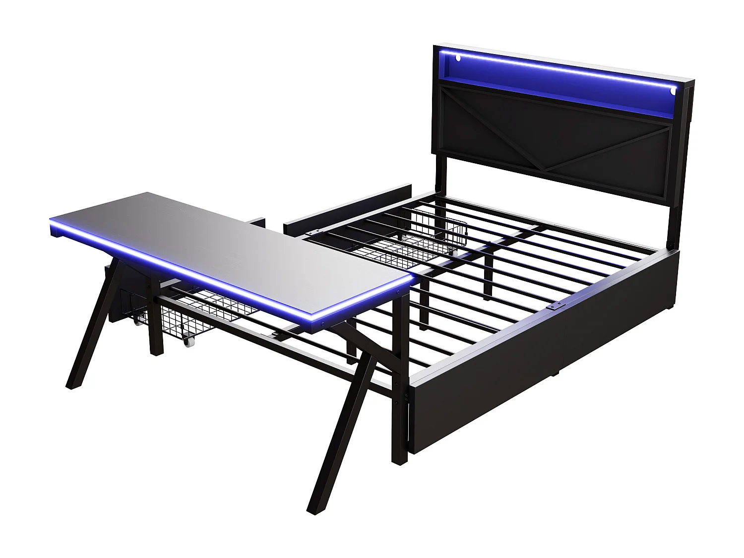 Metall-Doppelbett 140x200cm - mit LED-Kopfteil - 2 Schubladen und Schreibtisch mit LED-Beleuchtung - Schwarz​ (Matratze nicht inbegriffen)