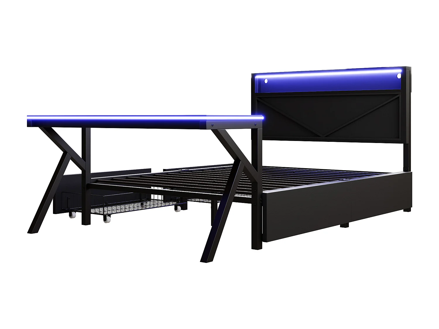 Metall-Doppelbett 140x200cm - mit LED-Kopfteil - 2 Schubladen und Schreibtisch mit LED-Beleuchtung - Schwarz​ (Matratze nicht inbegriffen)