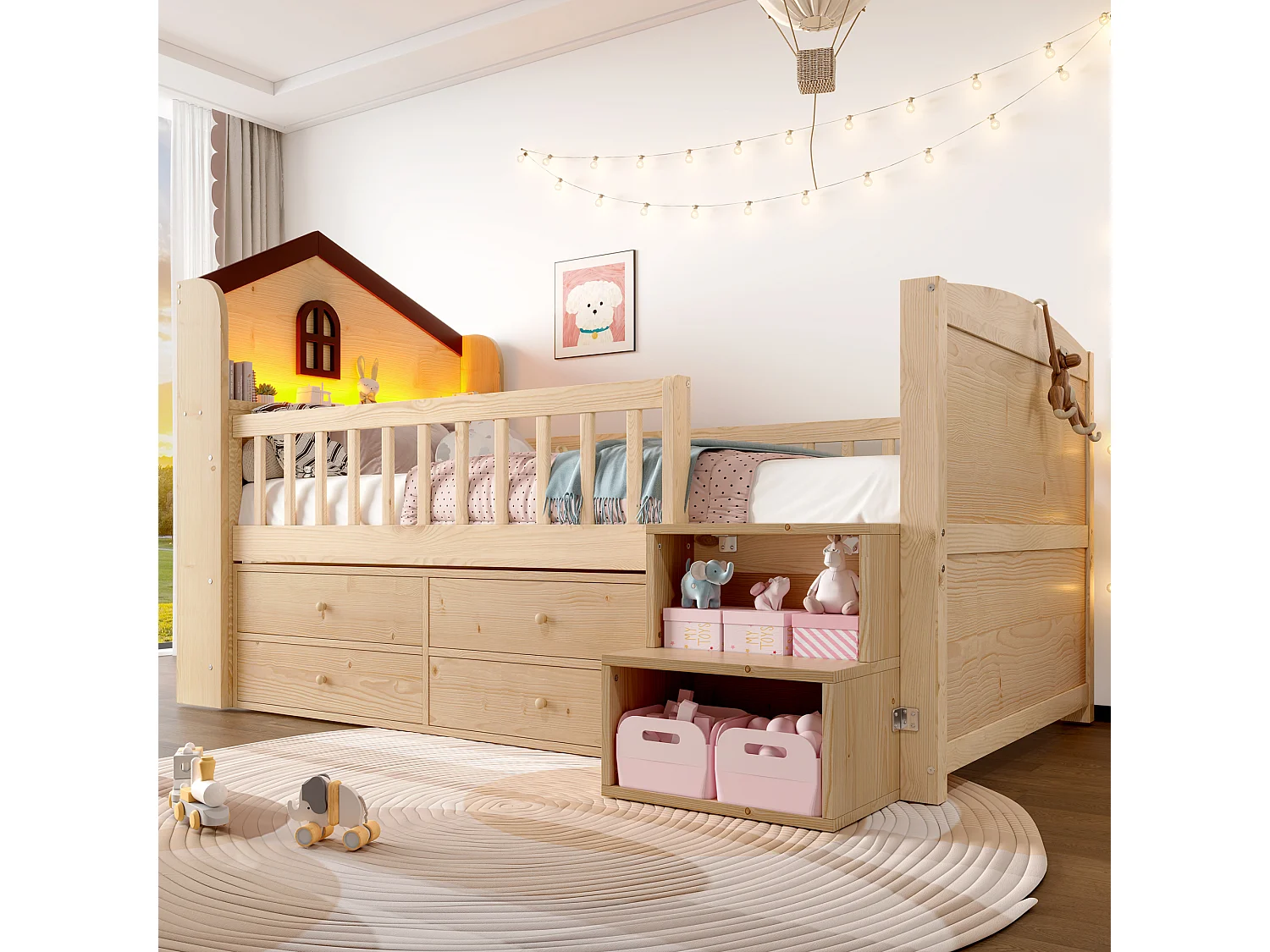 Lit enfant mi-hauteur 90x200cm - avec 4 tiroirs - avec éclairage LED - avec échelle de rangement - naturel (matelas non inclus)
