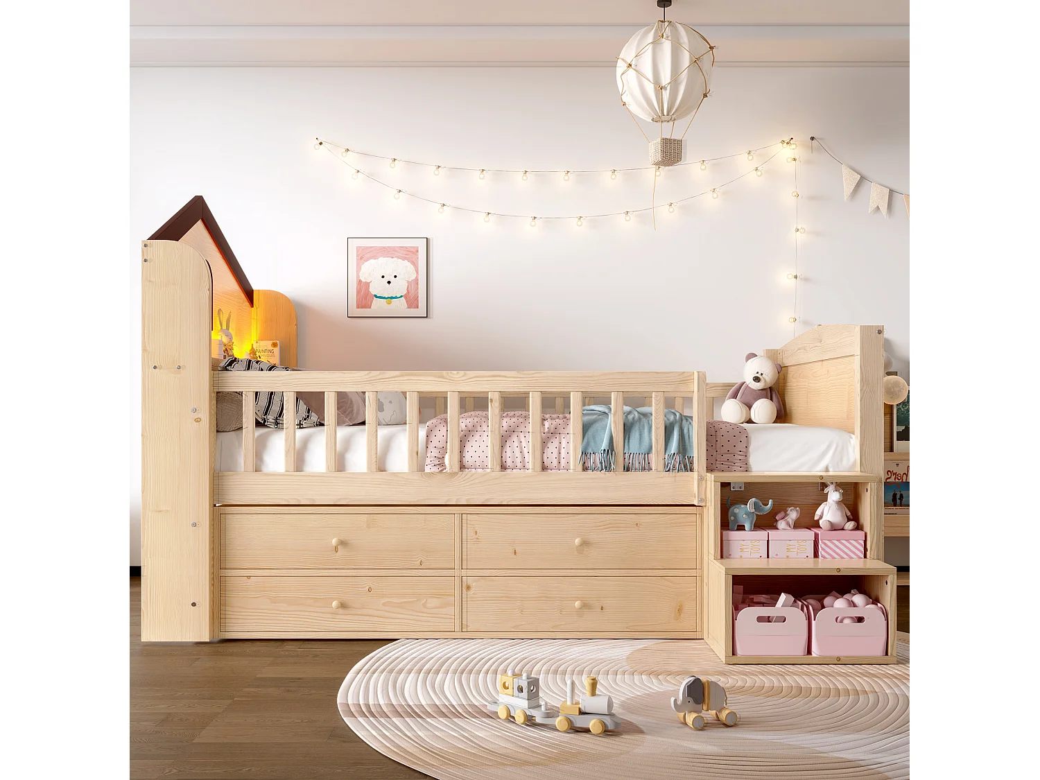 Lit enfant mi-hauteur 90x200cm - avec 4 tiroirs - avec éclairage LED - avec échelle de rangement - naturel (matelas non inclus)