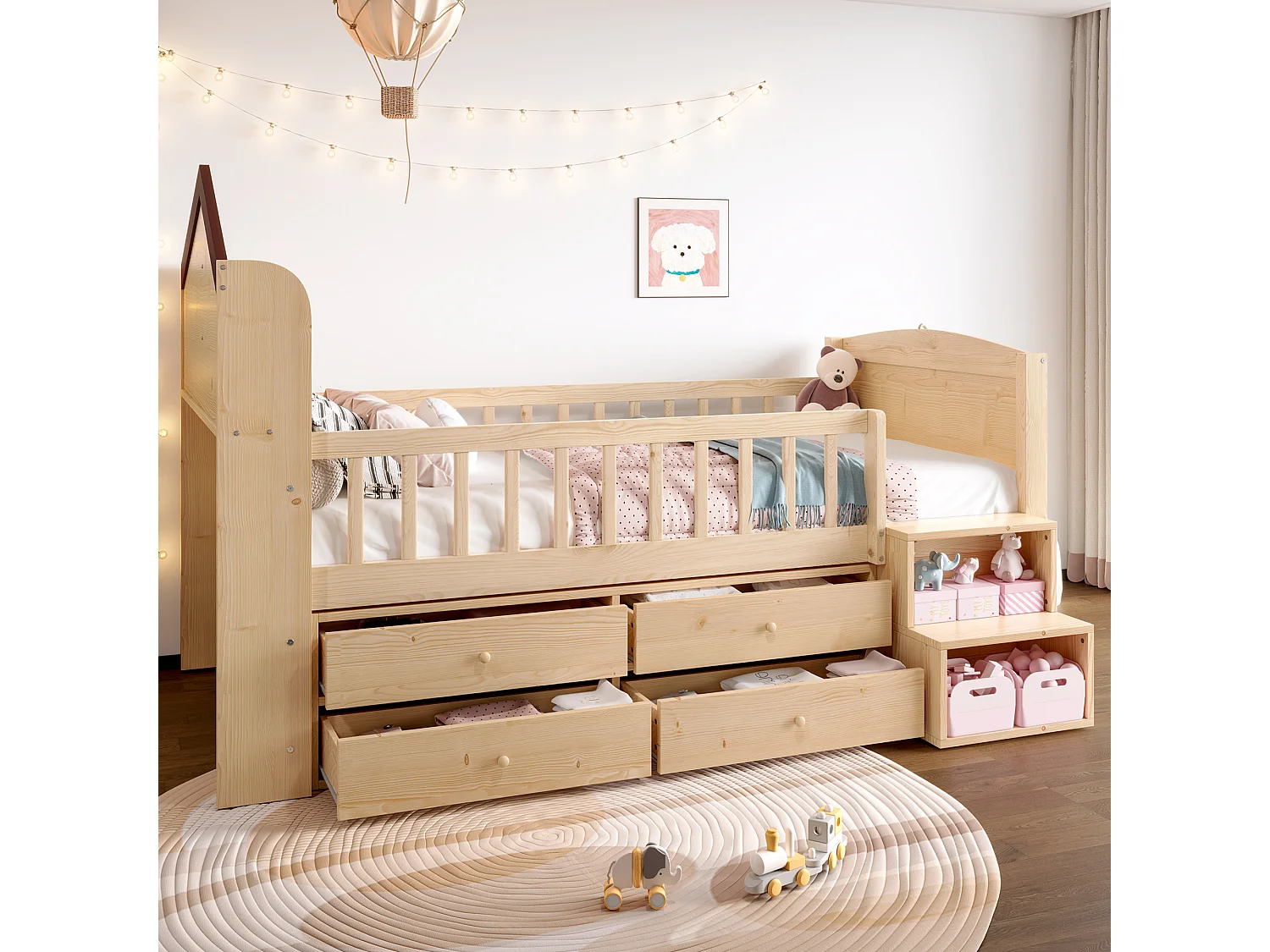 Lit enfant mi-hauteur 90x200cm - avec 4 tiroirs - avec éclairage LED - avec échelle de rangement - naturel (matelas non inclus)