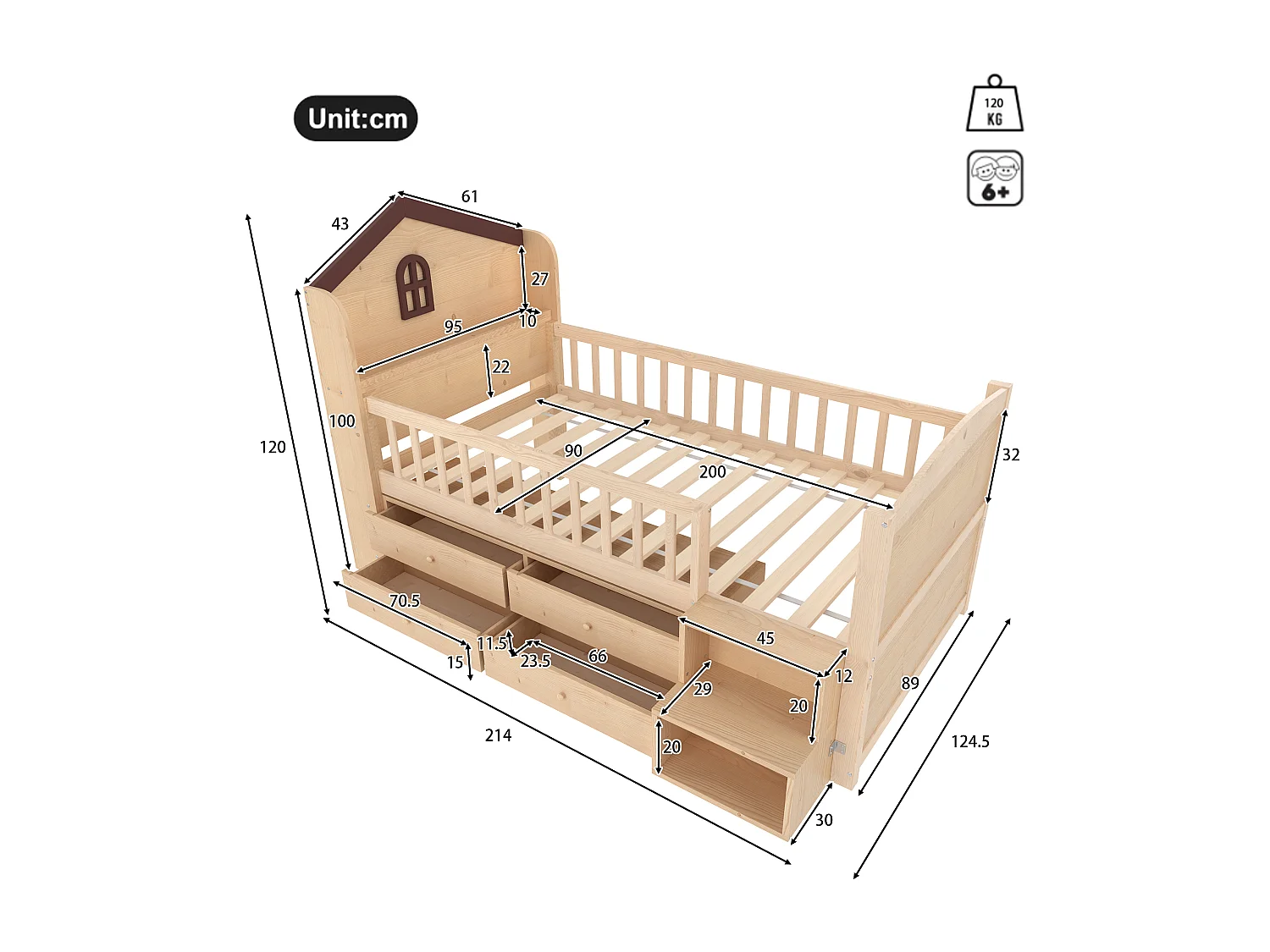 Lit enfant mi-hauteur 90x200cm - avec 4 tiroirs - avec éclairage LED - avec échelle de rangement - naturel (matelas non inclus)