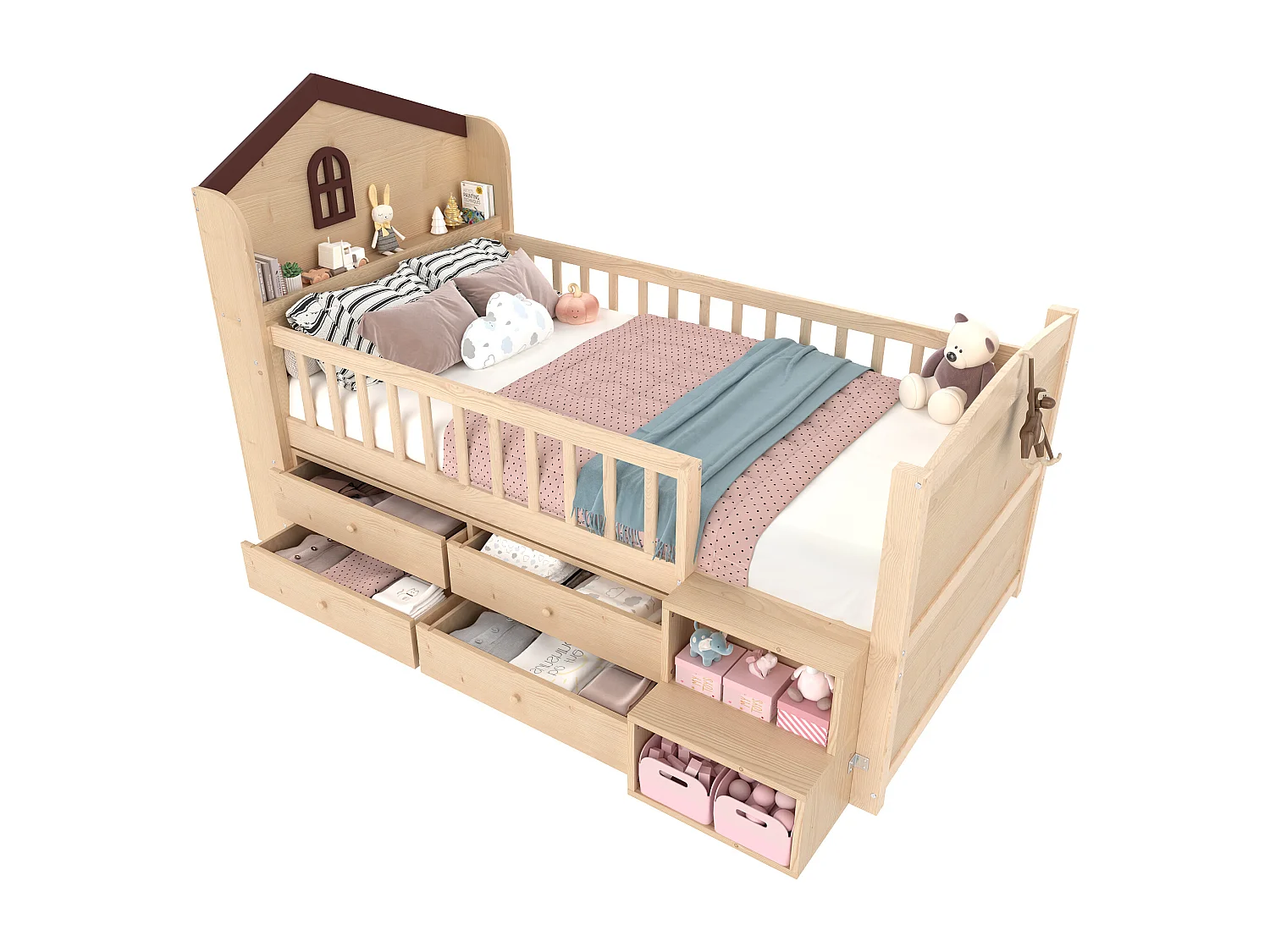 Lit enfant mi-hauteur 90x200cm - avec 4 tiroirs - avec éclairage LED - avec échelle de rangement - naturel (matelas non inclus)