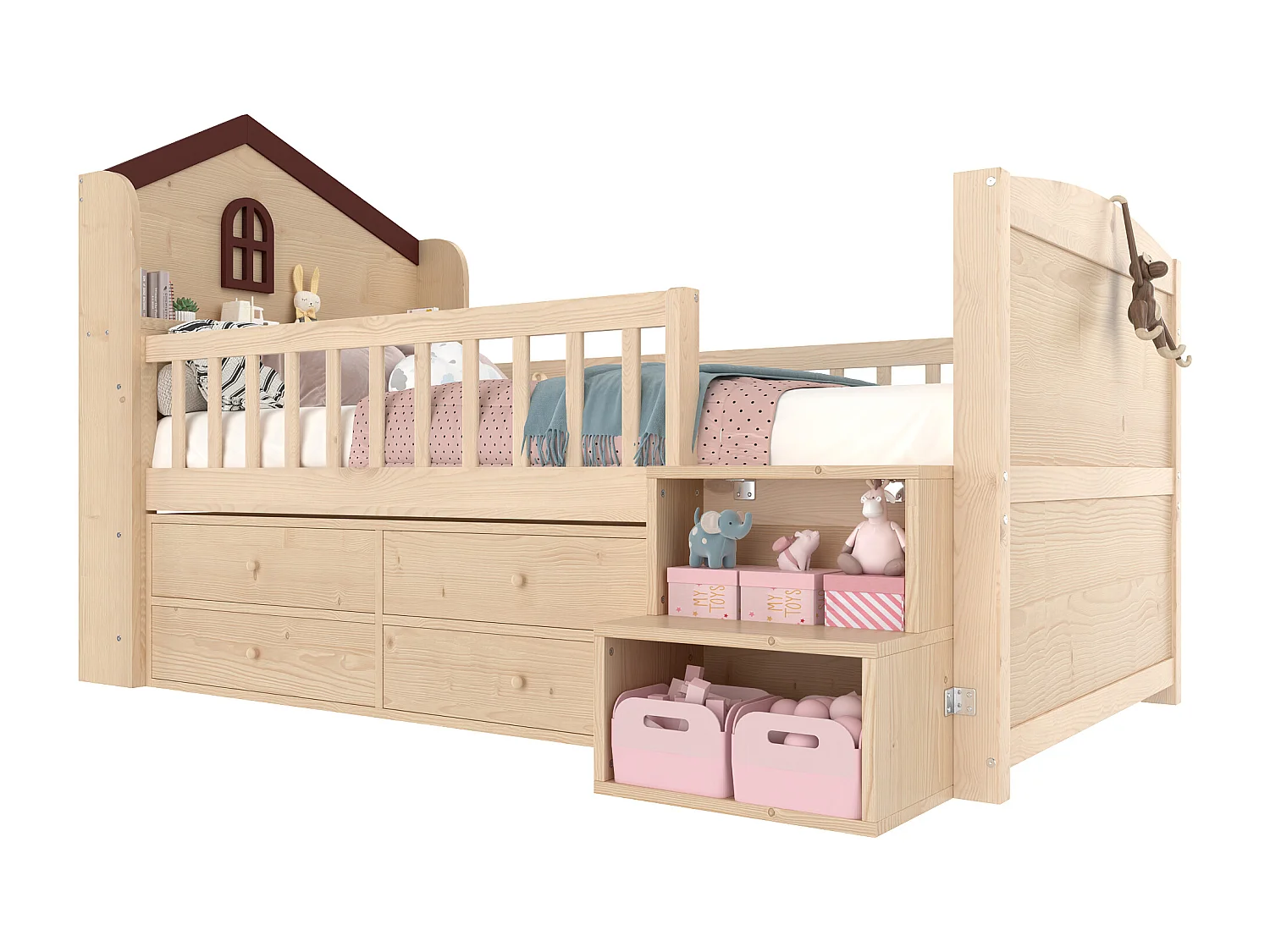 Lit enfant mi-hauteur 90x200cm - avec 4 tiroirs - avec éclairage LED - avec échelle de rangement - naturel (matelas non inclus)