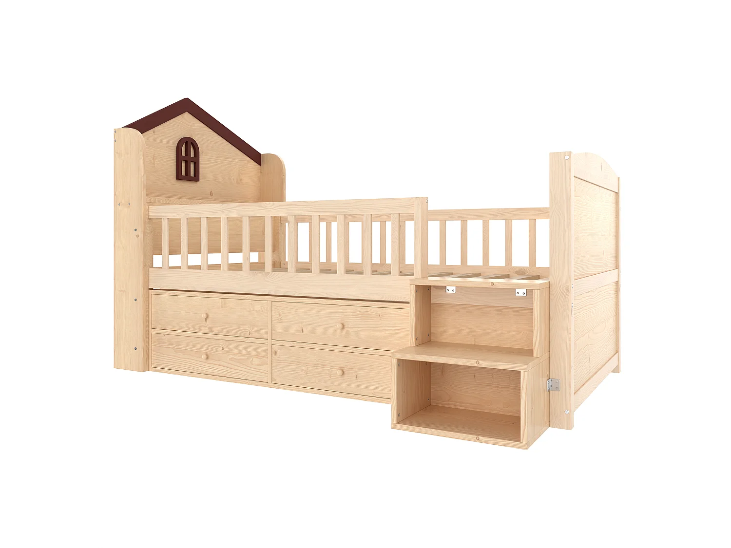 Lit enfant mi-hauteur 90x200cm - avec 4 tiroirs - avec éclairage LED - avec échelle de rangement - naturel (matelas non inclus)