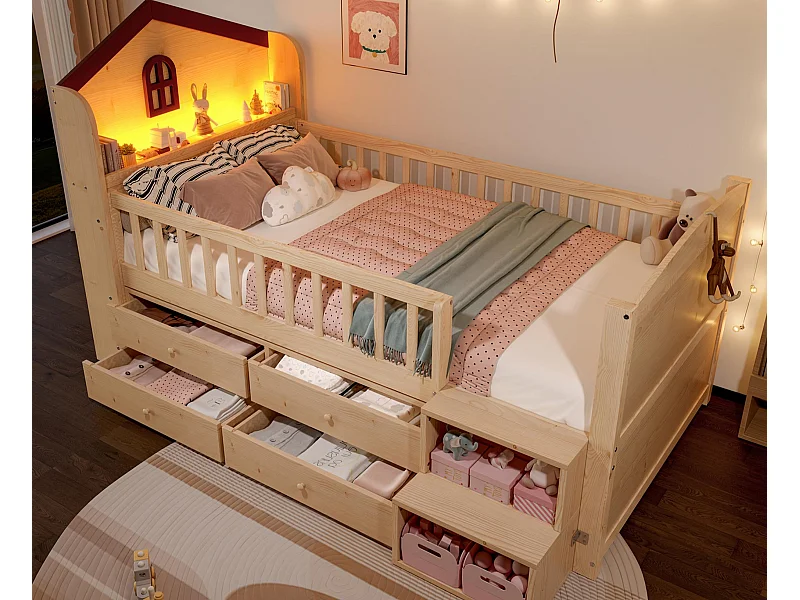 Lit enfant mi-hauteur 90x200cm - avec 4 tiroirs - avec éclairage LED - avec échelle de rangement - naturel (matelas non inclus)