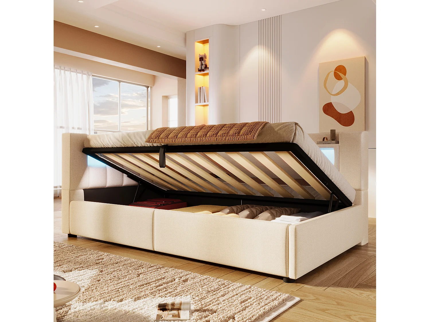 Canapé-lit coffre 90 x 200 cm - avec port USB Type-C - avec éclairage LED - beige (matelas non inclus)