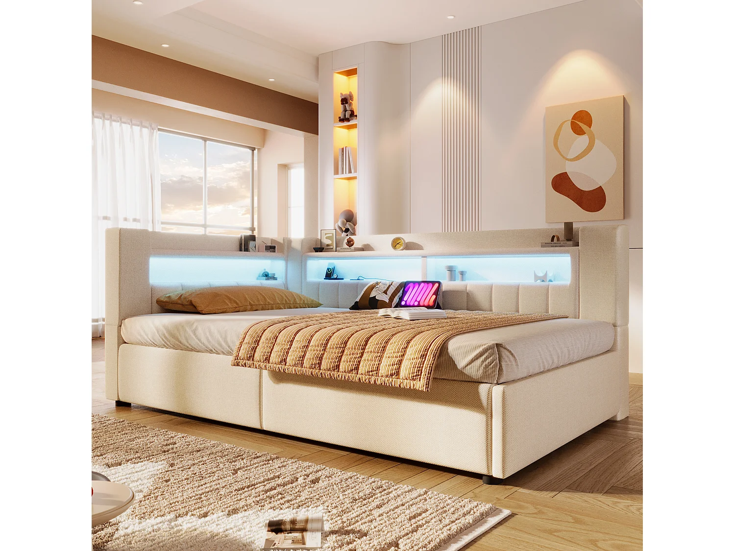 Canapé-lit coffre 90 x 200 cm - avec port USB Type-C - avec éclairage LED - beige (matelas non inclus)