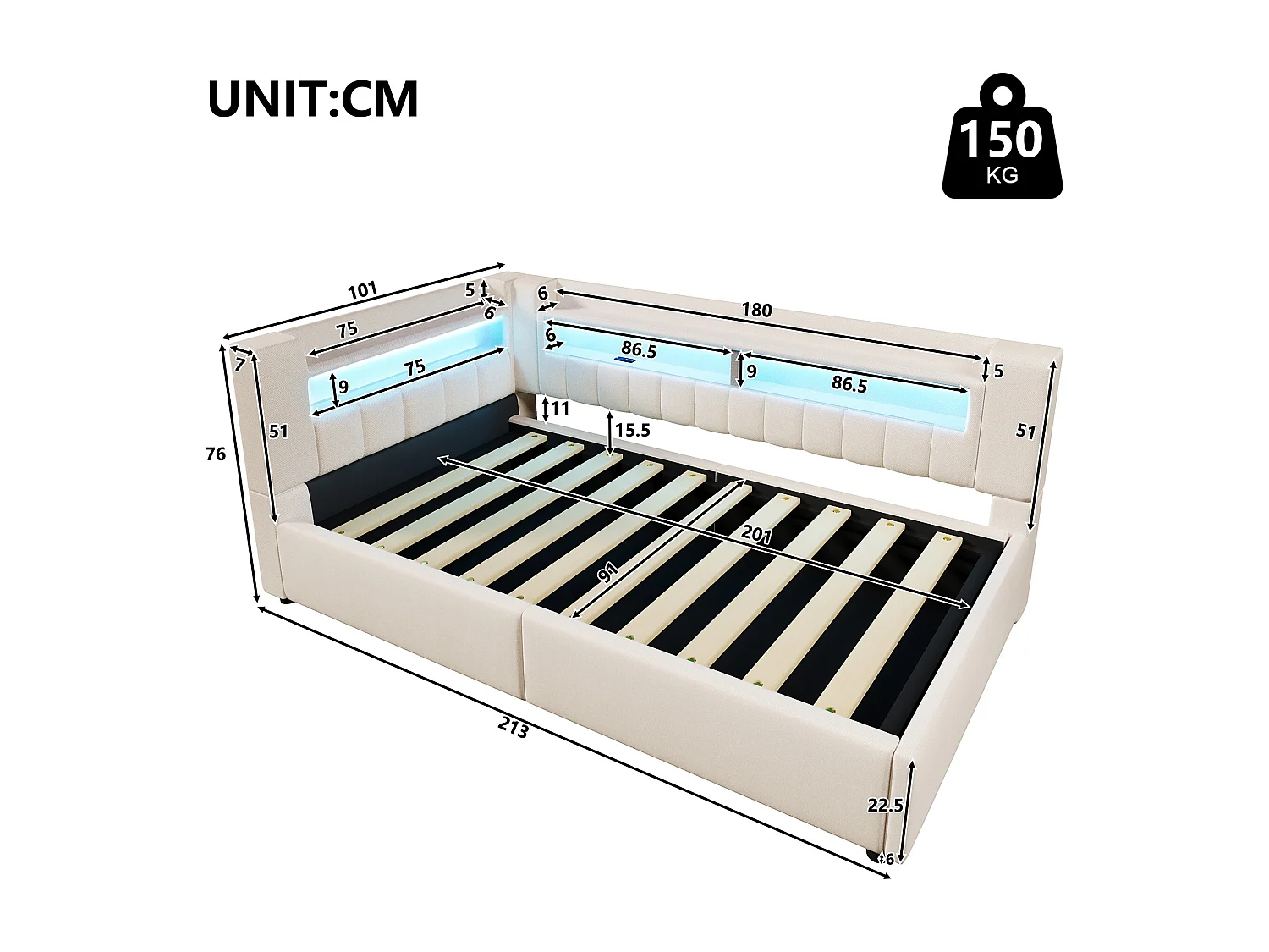 Canapé-lit coffre 90 x 200 cm - avec port USB Type-C - avec éclairage LED - beige (matelas non inclus)
