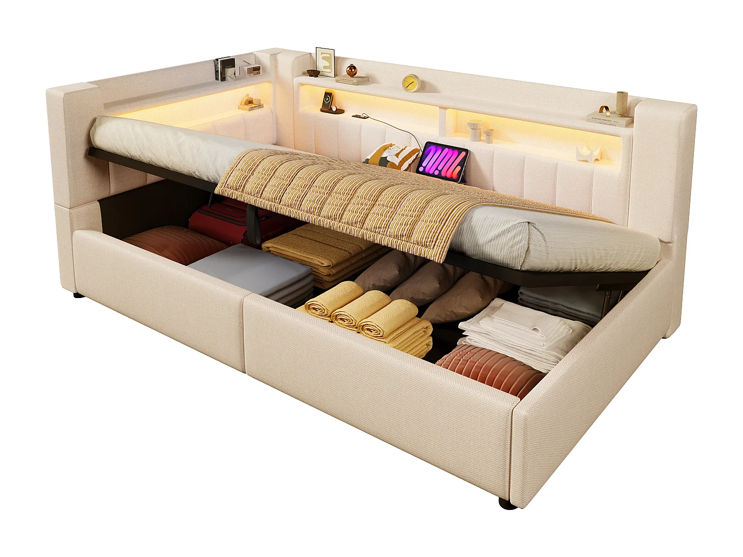 Canapé-lit coffre 90 x 200 cm - avec port USB Type-C - avec éclairage LED - beige (matelas non inclus)