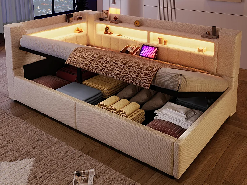 Schlafsofa mit Stauraum 90 x 200 cm - mit USB Type-C-Anschluss - mit LED-Beleuchtung - beige​ (Matratze nicht inbegriffen)