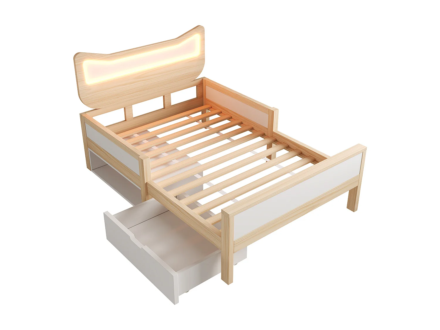 Lit simple pour enfant 90x200cm - tête de lit oreilles de chat - avec des lumières LED RGB et 1 tiroir - Blanc + Naturel (matelas non inclus)