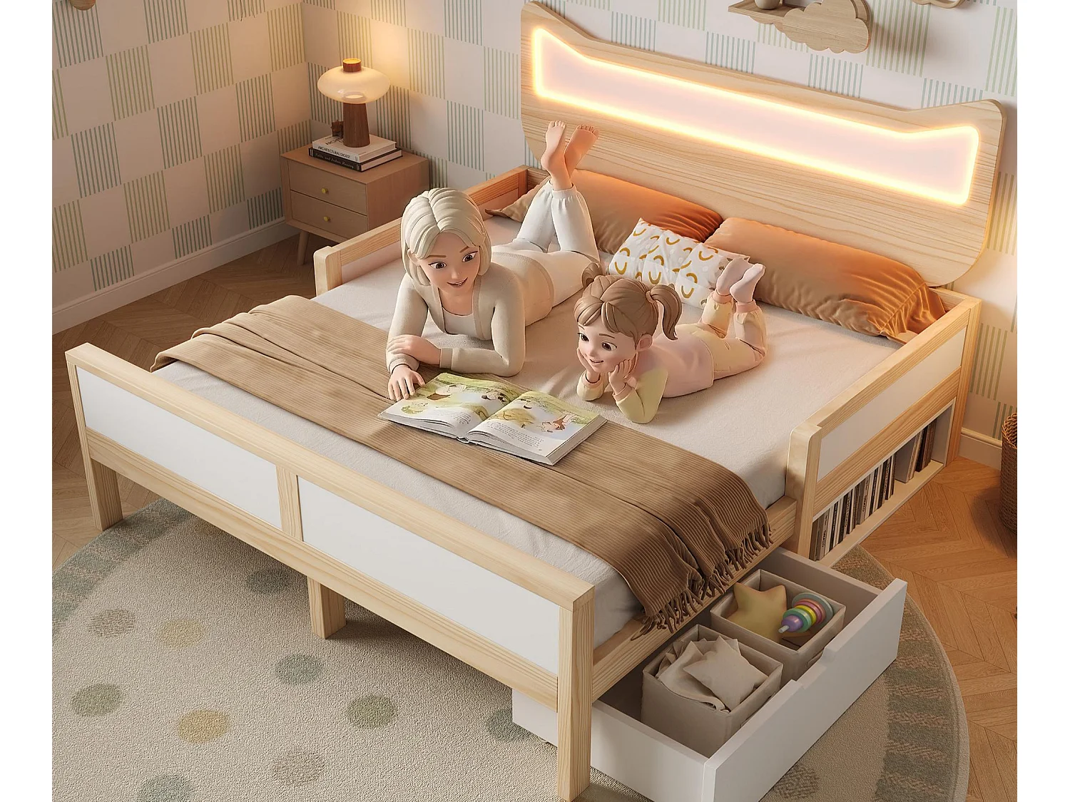 Lit double pour enfant 140x200cm - tête de lit oreilles de chat - avec des lumières LED RGB et 1 tiroir - Blanc + Naturel (matelas non inclus)
