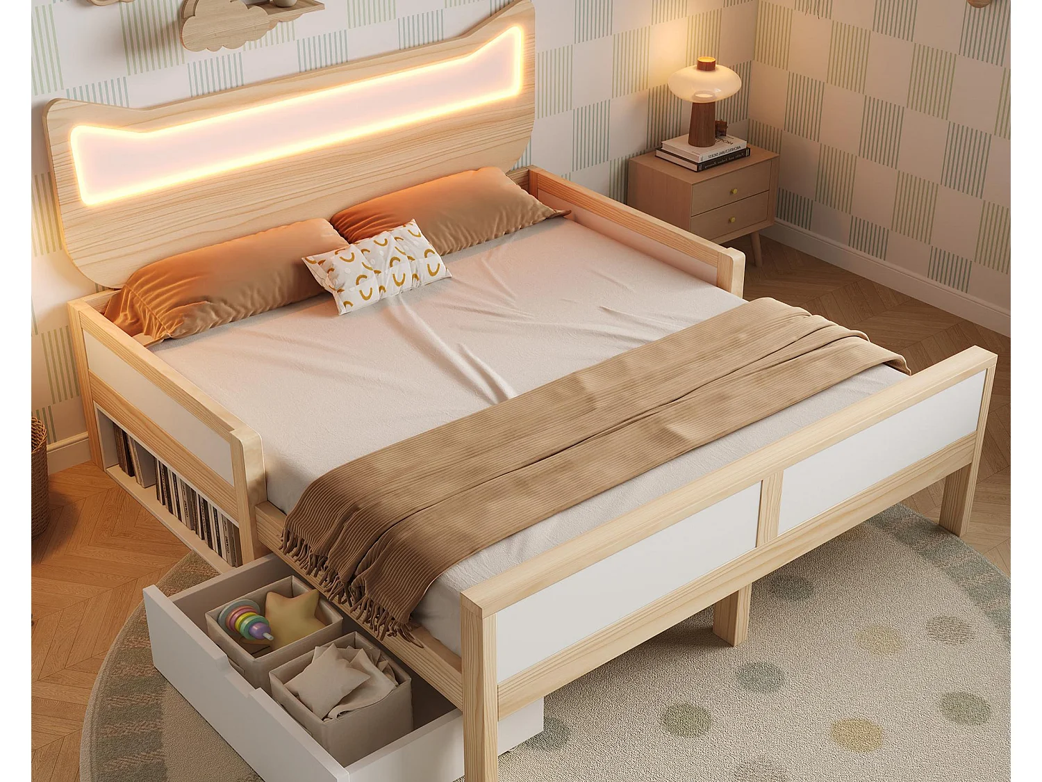 Lit double pour enfant 140x200cm - tête de lit oreilles de chat - avec des lumières LED RGB et 1 tiroir - Blanc + Naturel (matelas non inclus)