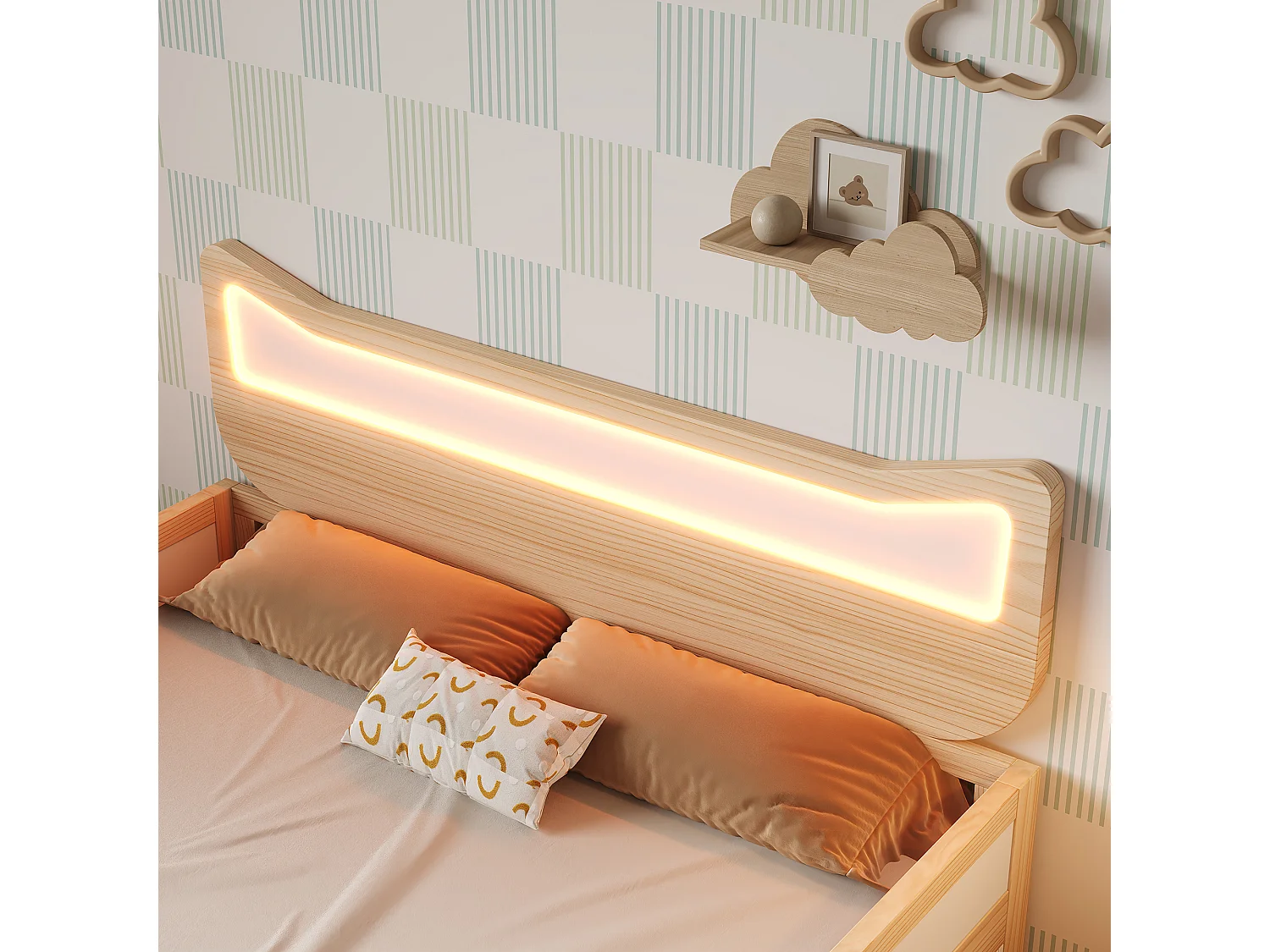 Lit double pour enfant 140x200cm - tête de lit oreilles de chat - avec des lumières LED RGB et 1 tiroir - Blanc + Naturel (matelas non inclus)