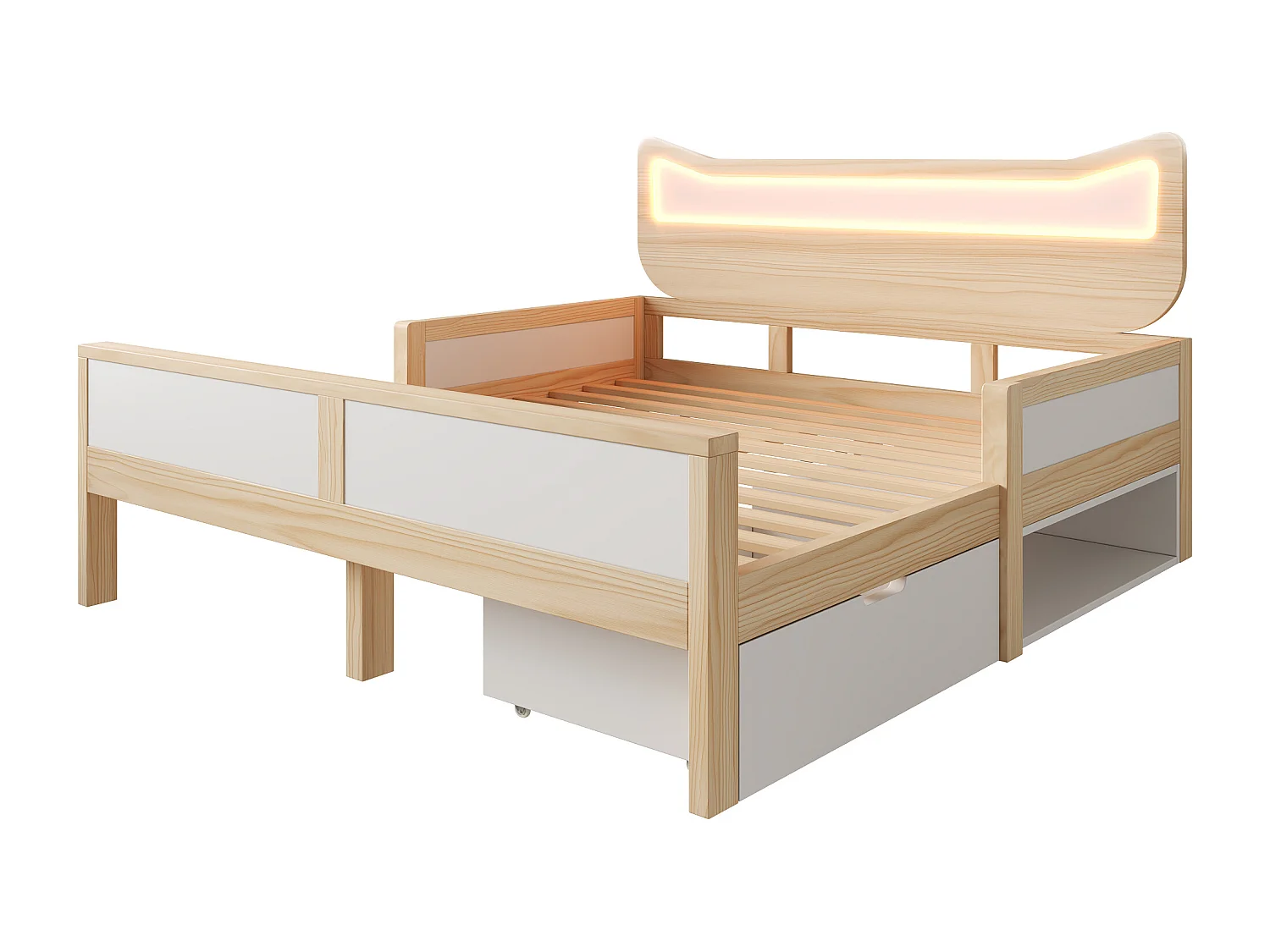 Lit double pour enfant 140x200cm - tête de lit oreilles de chat - avec des lumières LED RGB et 1 tiroir - Blanc + Naturel (matelas non inclus)