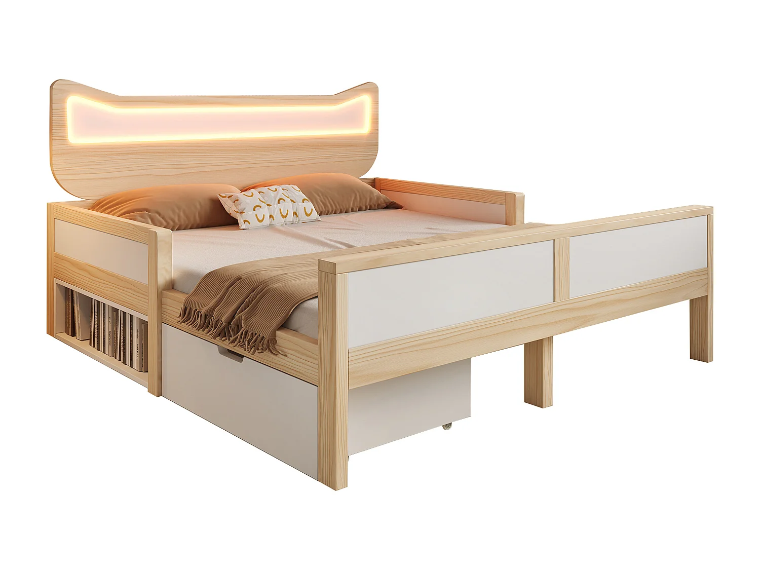 Lit double pour enfant 140x200cm - tête de lit oreilles de chat - avec des lumières LED RGB et 1 tiroir - Blanc + Naturel (matelas non inclus)