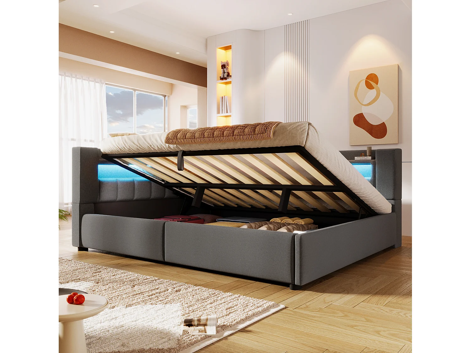 Canapé-lit coffre 140 x 200 cm - avec port USB Type-C - avec éclairage LED - gris (matelas non inclus)
