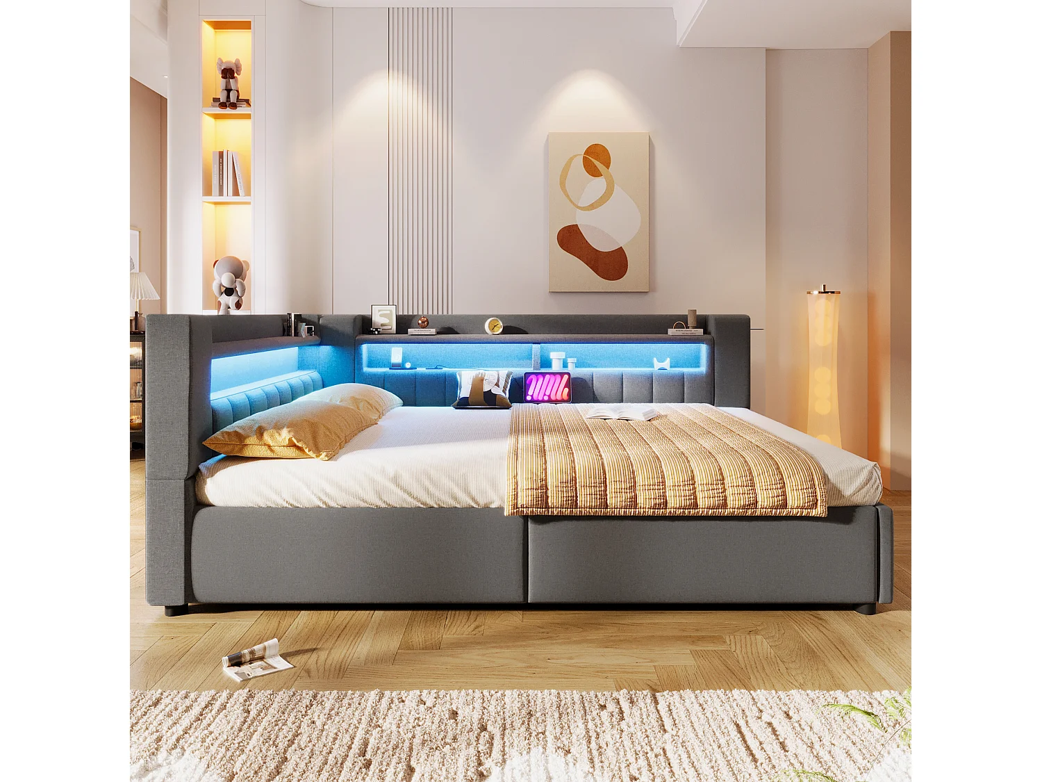 Canapé-lit coffre 140 x 200 cm - avec port USB Type-C - avec éclairage LED - gris (matelas non inclus)