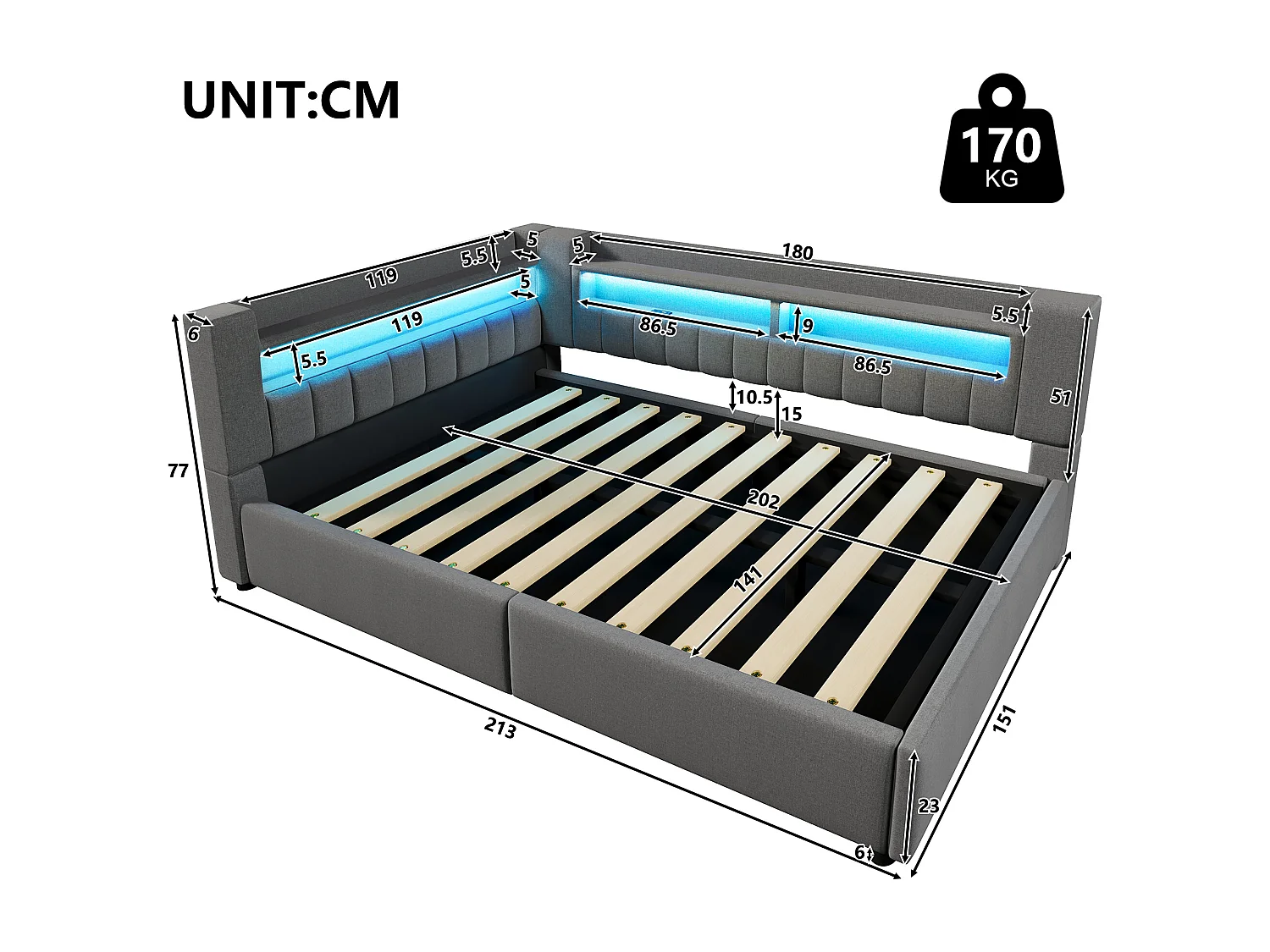 Canapé-lit coffre 140 x 200 cm - avec port USB Type-C - avec éclairage LED - gris (matelas non inclus)