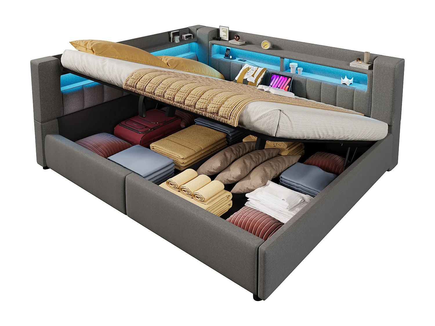 Canapé-lit coffre 140 x 200 cm - avec port USB Type-C - avec éclairage LED - gris (matelas non inclus)