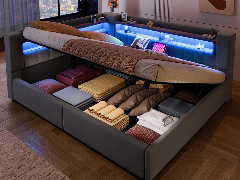 Canapé-lit coffre 140 x 200 cm - avec port USB Type-C - avec éclairage LED - gris (matelas non inclus)