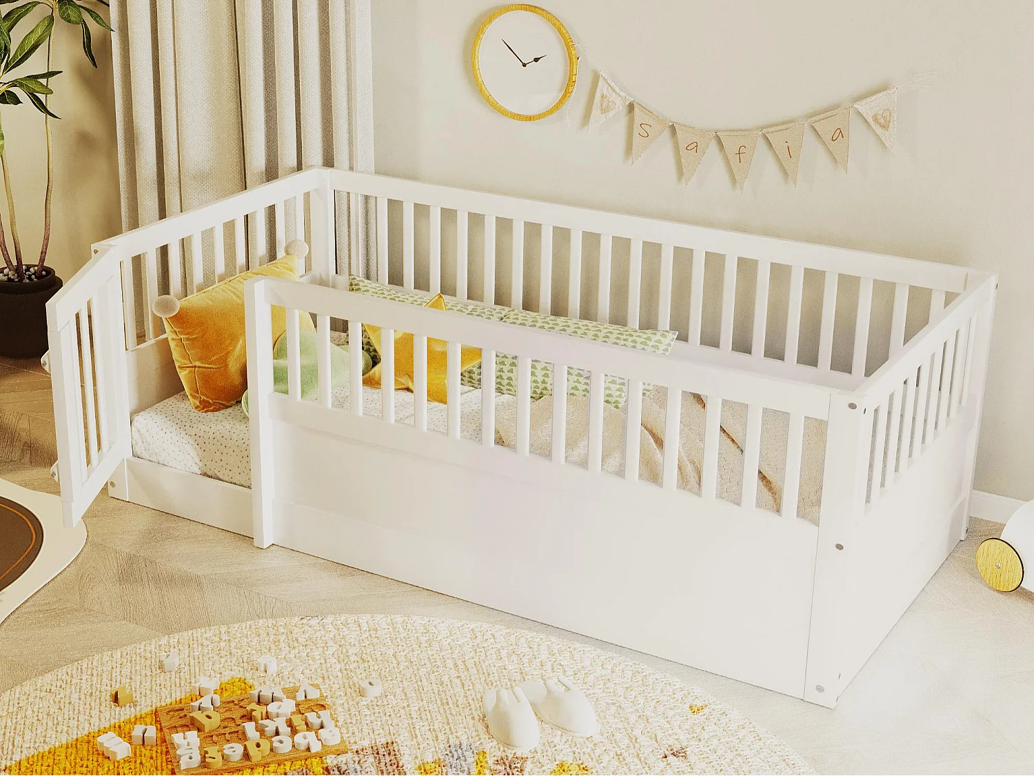 Kinderbed 90 x 200 cm - houten bedframe - met veiligheidshekken - met deur - wit​ (lattenbodem niet inbegrepen)