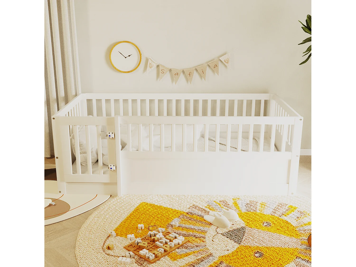 Kinderbed 90 x 200 cm - houten bedframe - met veiligheidshekken - met deur - wit​ (lattenbodem niet inbegrepen)