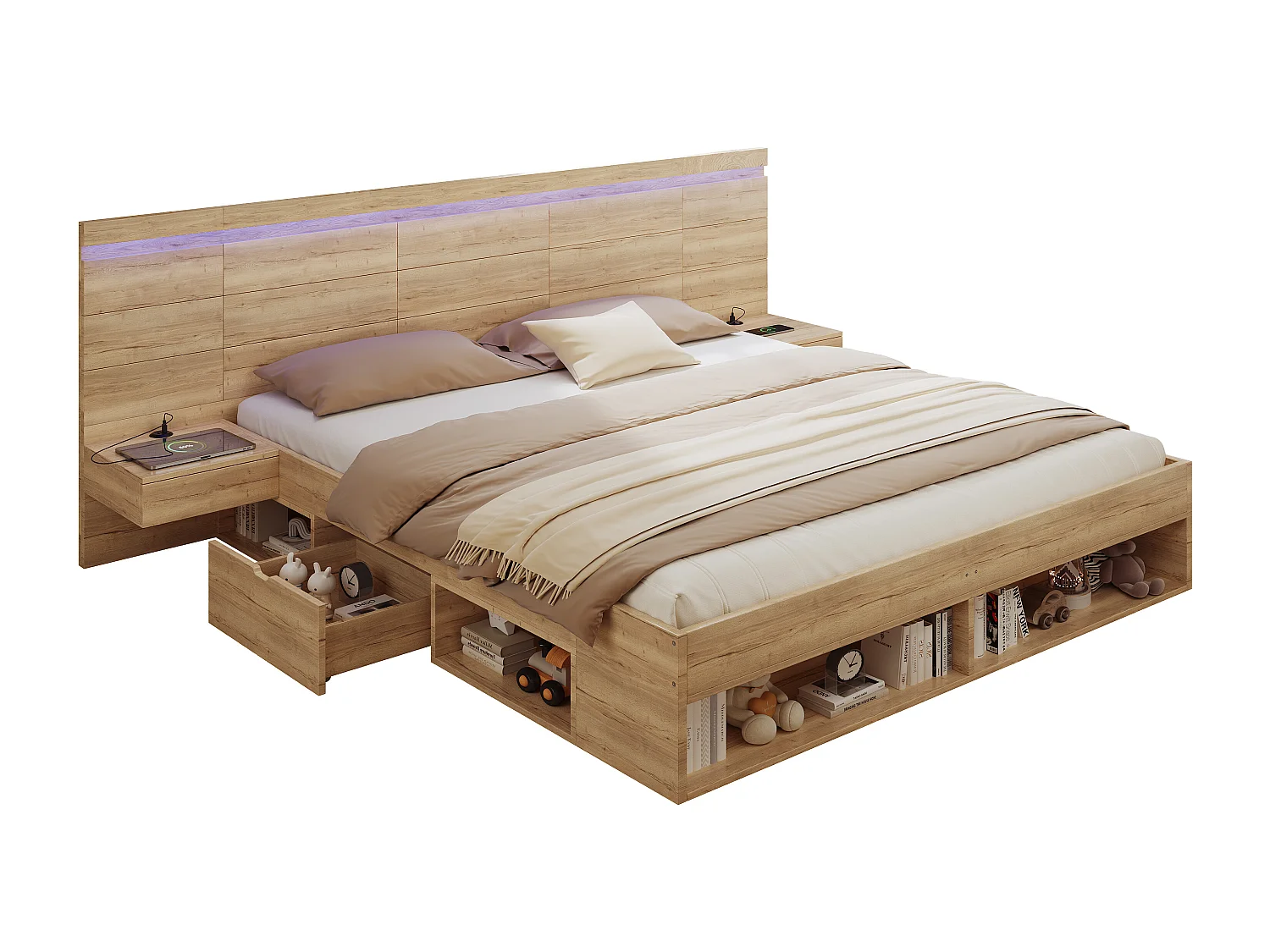 Holz-Doppelbett 180x200cm - MDF - mit Schubladen und 2 Nachttischen - LED-Beleuchtung - USB- und Type-C-Anschlüsse - Natur​ (ohne Matratze)